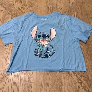 Disney Women's Size Large Blue Stitch Graphic Crop Top  T Shirt Cropped‎
